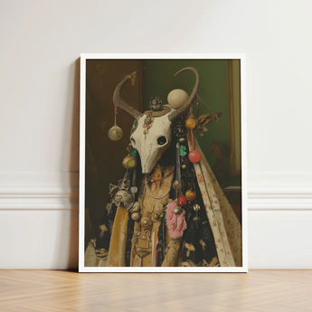 Framed Artwork White Bull Skull Adorned Intricate Jewelry Pagan Priestess Art, Enigmatic Presence Woven, Forbidden Knowledge