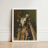 Framed Artwork White Animal Skull Adorned Colorful Beads Pagan Priestess Art, Enigmatic Presence Woven, Forbidden Knowledge