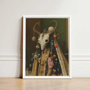 Framed Artwork White Animal Skull Adorned Colorful Beads Pagan Priestess Art, Enigmatic Presence Woven, Forbidden Knowledge