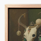 Framed Canvas Print White Ornately Decorated Animal Skull Pagan Priestess Art, Enigmatic Presence Woven, Forbidden Knowledge