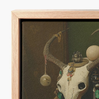Framed Canvas Print White Ornately Decorated Animal Skull Pagan Priestess Art, Enigmatic Presence Woven, Forbidden Knowledge