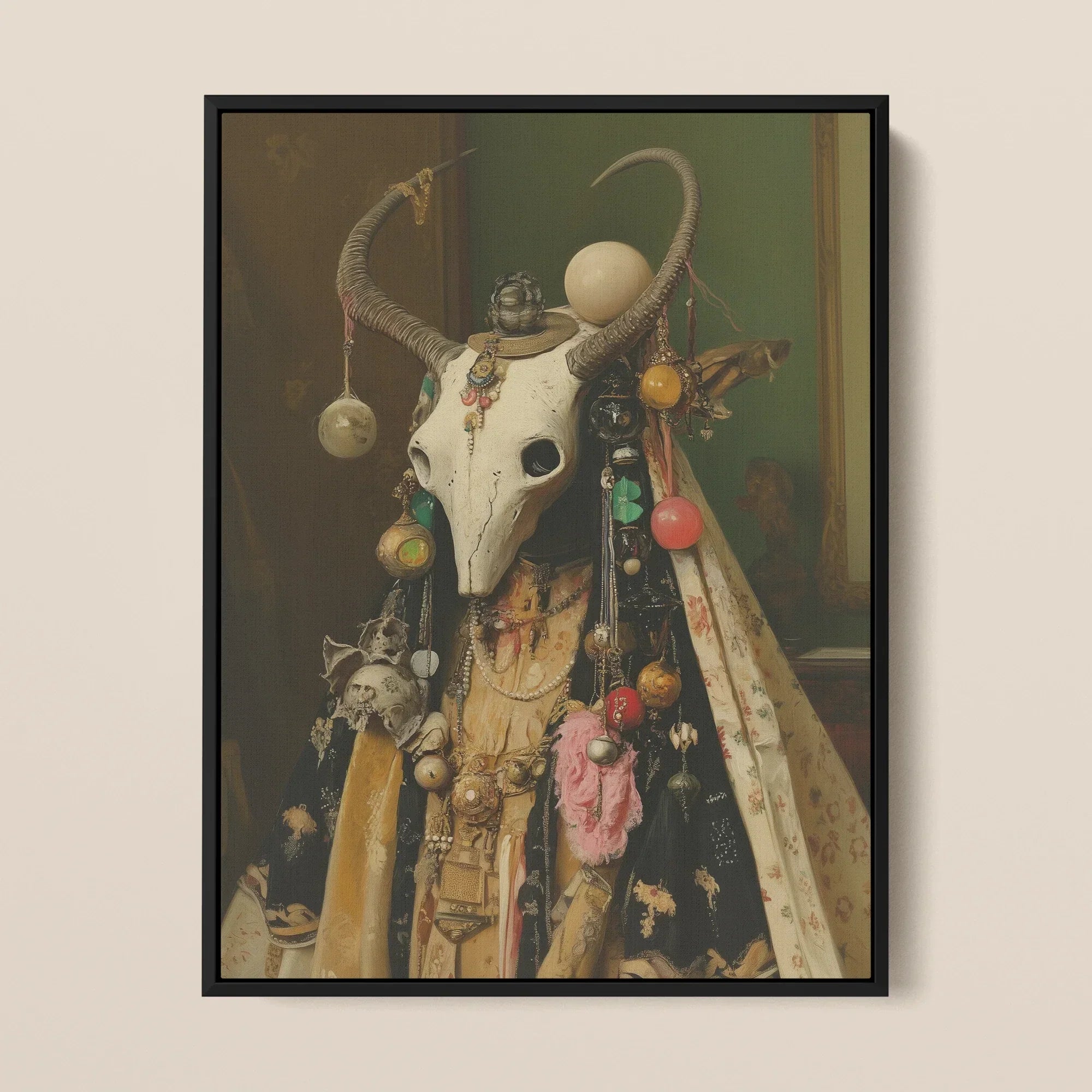Aradia - Pagan Priestess Framed Canvas, 12x16’’ / 31x41cm / Black Floating Frame, Decorated Animal Skull
