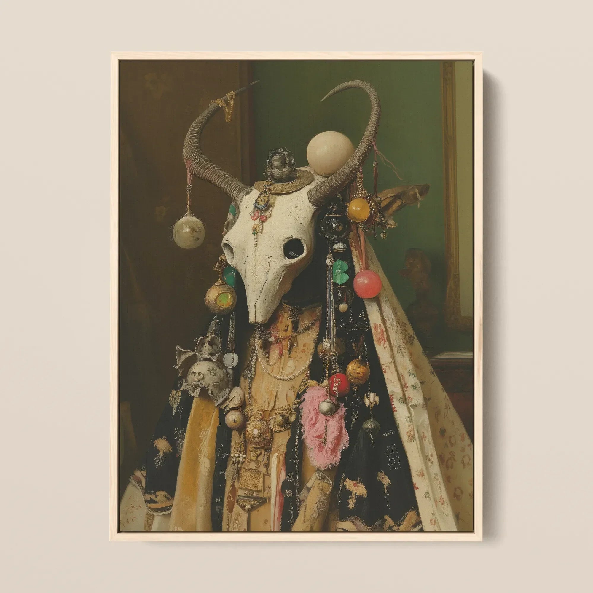 Aradia - Pagan Priestess Framed Canvas, 12x16’’ / 31x41cm / Natural Floating Frame, Elaborately Adorned Animal Skull Horns Colorful