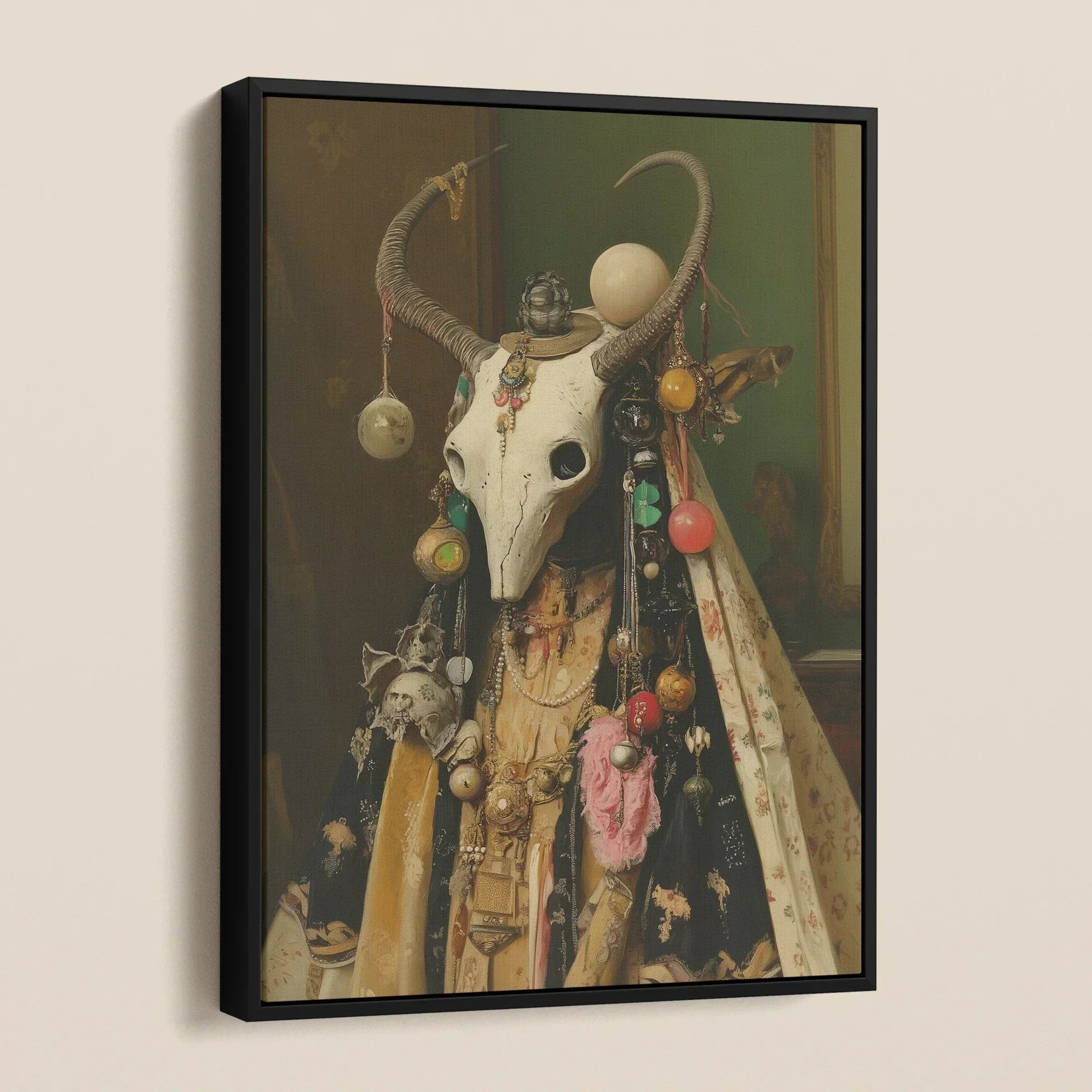 Aradia - Pagan Priestess Framed Canvas, Framed Painting Horned Skull Adorned Colorful Beads Fabric