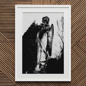 Archangel Holding Cross Art Print, 20x30’’ / 51x76cm / White Frame / 2’’ Matboard, Framed Black White Photograph Angelic Statue