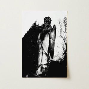 Archangel Holding Cross Art Print / Canvas Black-and-white Photograph Weathered Stone Angel Statue Detailed Figure Carved Prints