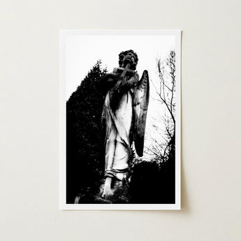 Archangel Holding Cross Art Print / Canvas Black-and-white Framed Photograph Stone Angel Statue Wings Figure Carved Prints