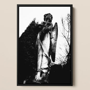 Archangel Holding Cross Art Print / Canvas Black-framed Black-and-white Photograph Weathered Stone Angel Statue Cross Figure Carved