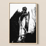 Archangel Holding Cross Art Print / Canvas Black-and-white Framed Photograph Weathered Stone Angel Statue Cross Figure Carved