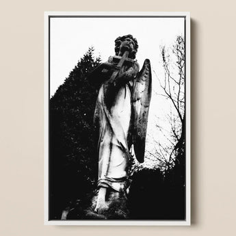 Archangel Holding Cross Art Print / Canvas Black-and-white Framed Photograph Weathered Stone Angel Statue Cross Figure Carved