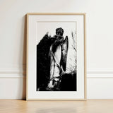 Archangel Holding Cross Art Print / Canvas Black-and-white Framed Photograph Weathered Stone Angel Statue Outstretched Figure Carved