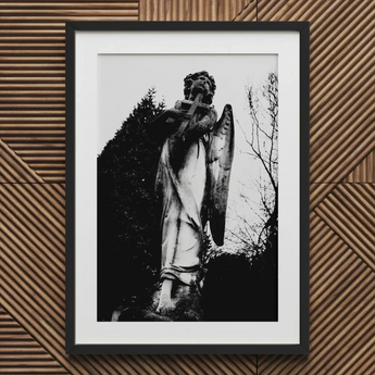 Archangel Holding Cross Art Print / Canvas Framed Black White Photograph Angelic Statue Cross Figure Carved
