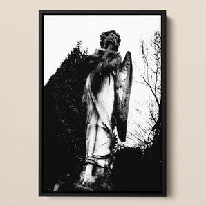 Archangel Holding Cross Framed Canvas, 12x18’’ / 31x46cm / Black Floating Frame, Black White Framed Print Weathered Angel Statue Cross