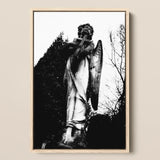 Archangel Holding Cross Framed Canvas, 12x18’’ / 31x46cm / Natural Floating Frame, Black White Sculpture Angel Cross