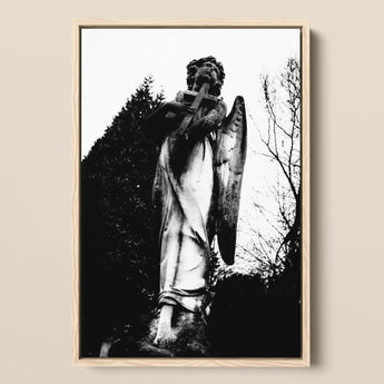 Archangel Holding Cross Framed Canvas, 12x18’’ / 31x46cm / Natural Floating Frame, Black White Sculpture Angel Cross