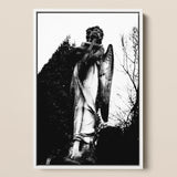 Archangel Holding Cross Framed Canvas, 12x18’’ / 31x46cm / White Floating Frame, Black White Statue Angel Cross