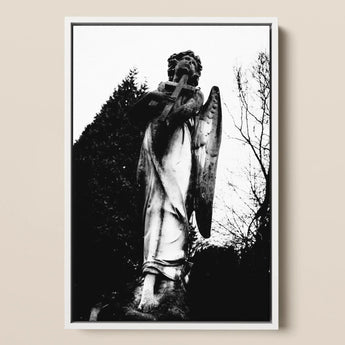Archangel Holding Cross Framed Canvas, 12x18’’ / 31x46cm / White Floating Frame, Black White Statue Angel Cross