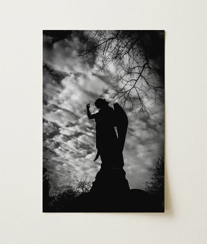 Black-and-white Photographic Print Silhouetted Angel Statue Outstretched Wings Garden Cemetery, Rough Stone Plinth, Carved, Climbs, Art,