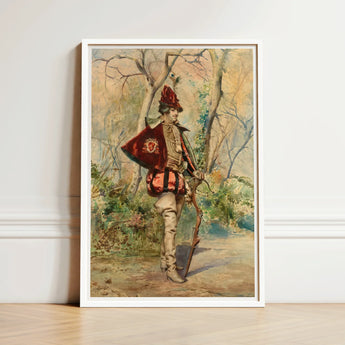 Framed Vintage-style Watercolor Painting Soldier Red Gold Uniform Casimiro Tomba’s Archer, Tomba Art Print