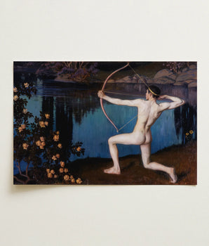 Rectangular Print Classical Painting Nude Male Figure Dynamic Väinö Blomstedt’s Archer, Raw Sienna Grass, Longbow’s Golden-ochre Arc,