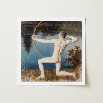 Archer - Vaino Blomstedt Art Print / Canvas Väinö Blomstedt’s, Nude Male Figure, Raw Sienna Grass, Longbow’s Golden-ochre Arc, Spanning,