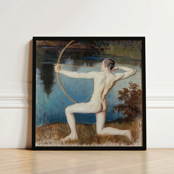 Black-framed Painting Nude Male Archer Dynamic Pose Rendered Väinö Blomstedt’s, Figure, Raw Sienna Grass, Longbow’s Golden-ochre Arc,