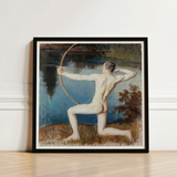 Black-framed Painting Nude Archer Dynamic Pose Set Reflective Väinö Blomstedt’s, Male Figure, Raw Sienna Grass, Longbow’s Golden-ochre Arc,