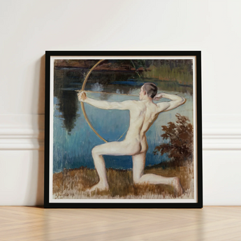 Black-framed Painting Nude Archer Dynamic Pose Set Reflective Väinö Blomstedt’s, Male Figure, Raw Sienna Grass, Longbow’s Golden-ochre Arc,