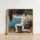 Framed Oil Painting Nude Male Figure Pose Bow Väinö Blomstedt’s Archer, Raw Sienna Grass, Longbow’s Golden-ochre Arc, Spanning, Finnish