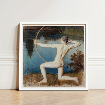 White-framed Painting Nude Male Figure Pose Bow Arrow Väinö Blomstedt’s Archer, Raw Sienna Grass, Longbow’s Golden-ochre Arc, Spanning,