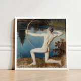 Framed Painting Nude Male Figure Dynamic Pose Bow Väinö Blomstedt’s Archer, Raw Sienna Grass, Longbow’s Golden-ochre Arc, Spanning, Finnish