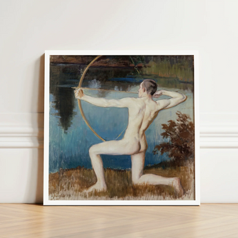 Framed Painting Nude Male Figure Dynamic Pose Bow Väinö Blomstedt’s Archer, Raw Sienna Grass, Longbow’s Golden-ochre Arc, Spanning, Finnish