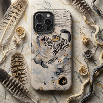 Archimedes - Surreal Owl Art Phone Case Detailed Illustrated Phone Case Black-and-white Owl Yellow Eyes Surreal Art, Ether, Each Wingbeat