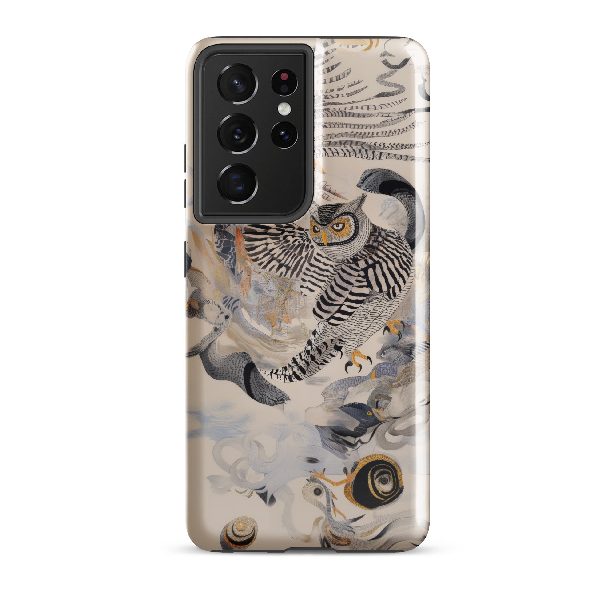 Archimedes Surreal Owl Art Samsung Case, Galaxy S21 Ultra / Gloss, White Phone Case Detailed Owl Illustration