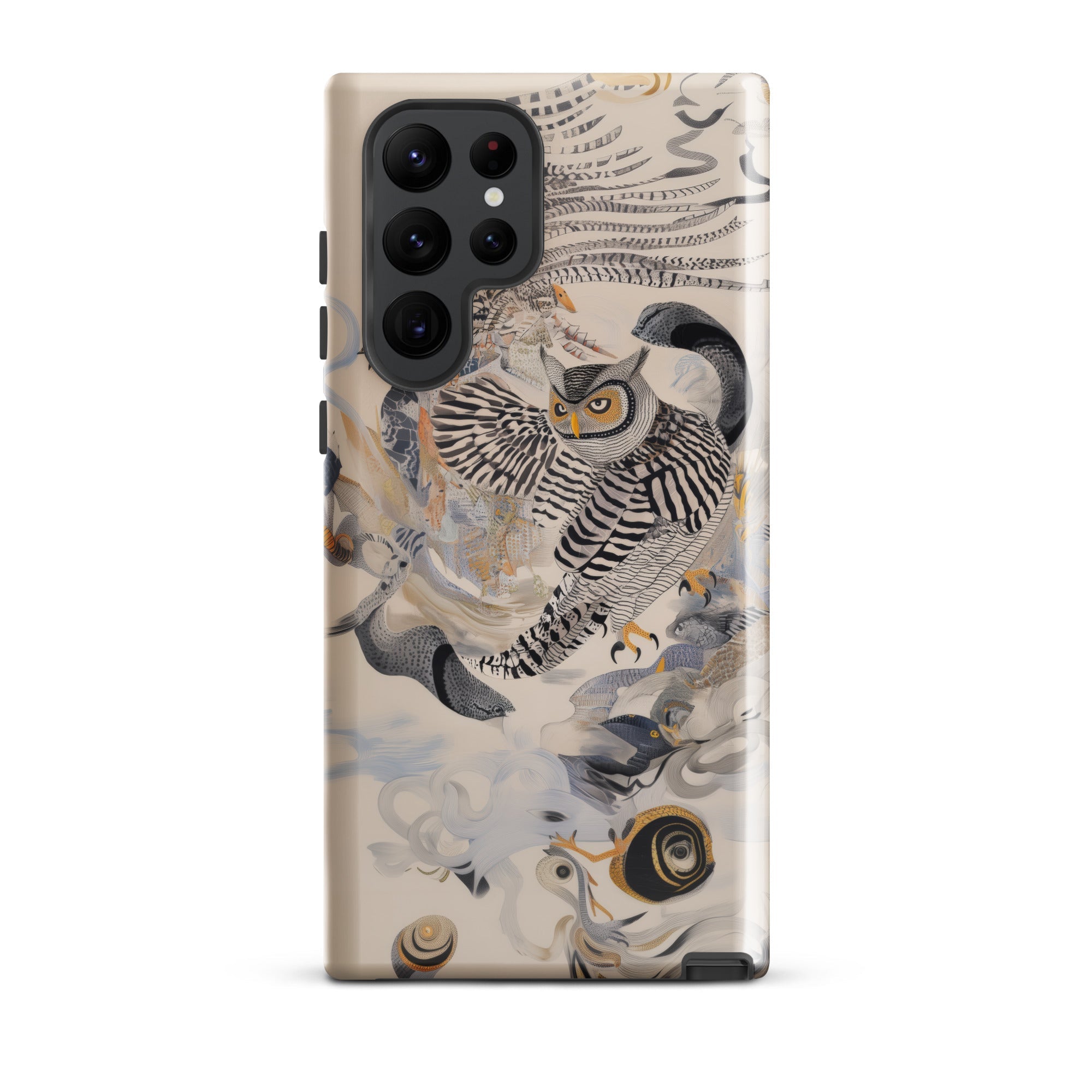 Archimedes Surreal Owl Art Samsung Case, Galaxy S22 Ultra / Gloss, Beige Smartphone Case Detailed Illustration Owl Snake Snails
