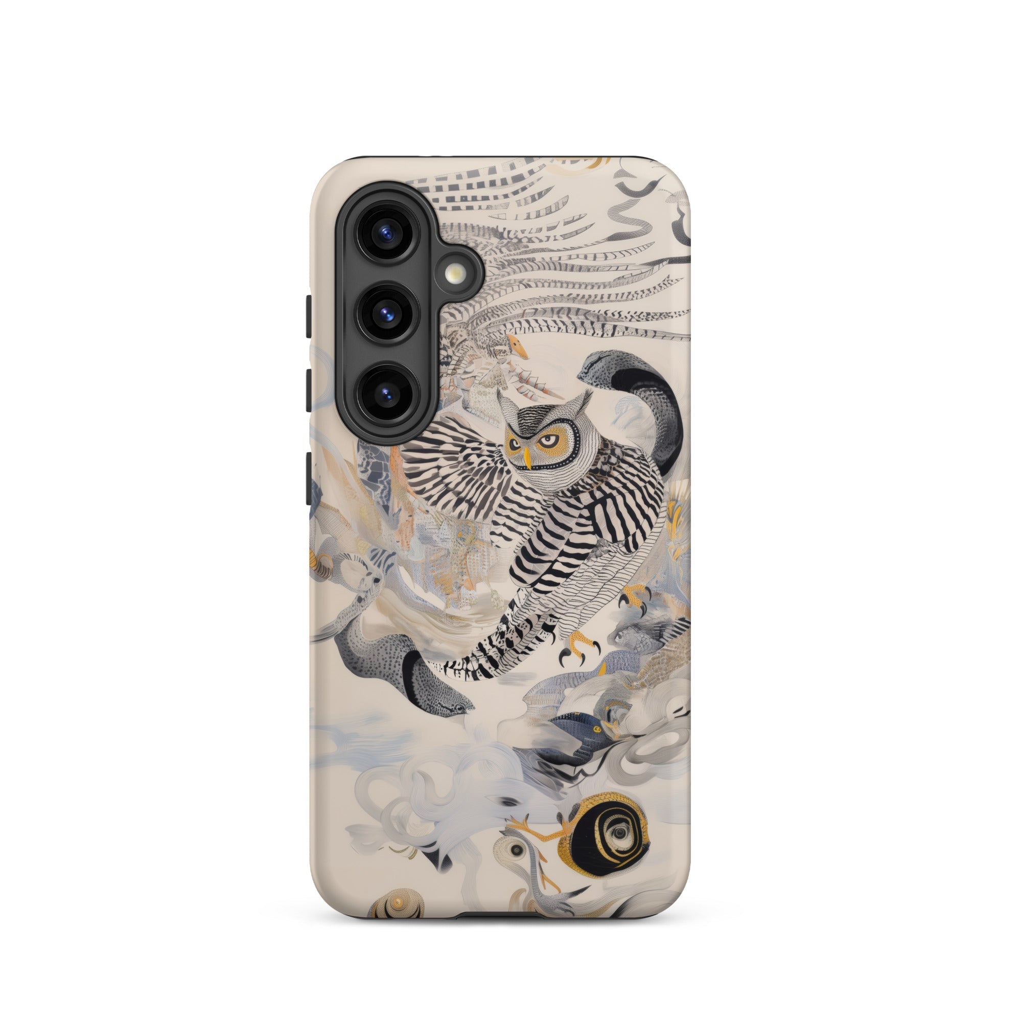 Archimedes Surreal Owl Art Samsung Case, Galaxy S24 / Matte, Cream Colored Smartphone Case Intricate Illustration Striped Owl Outstretched