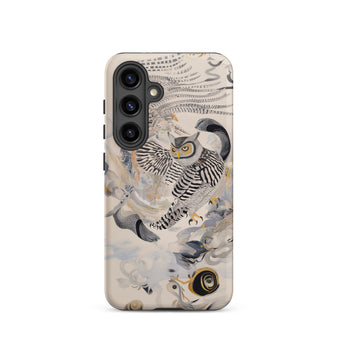 Archimedes - Surreal Owl Art Samsung Case, Galaxy S24 / Matte, Cream-colored Smartphone Case Intricate Illustration Striped Owl Outstretched