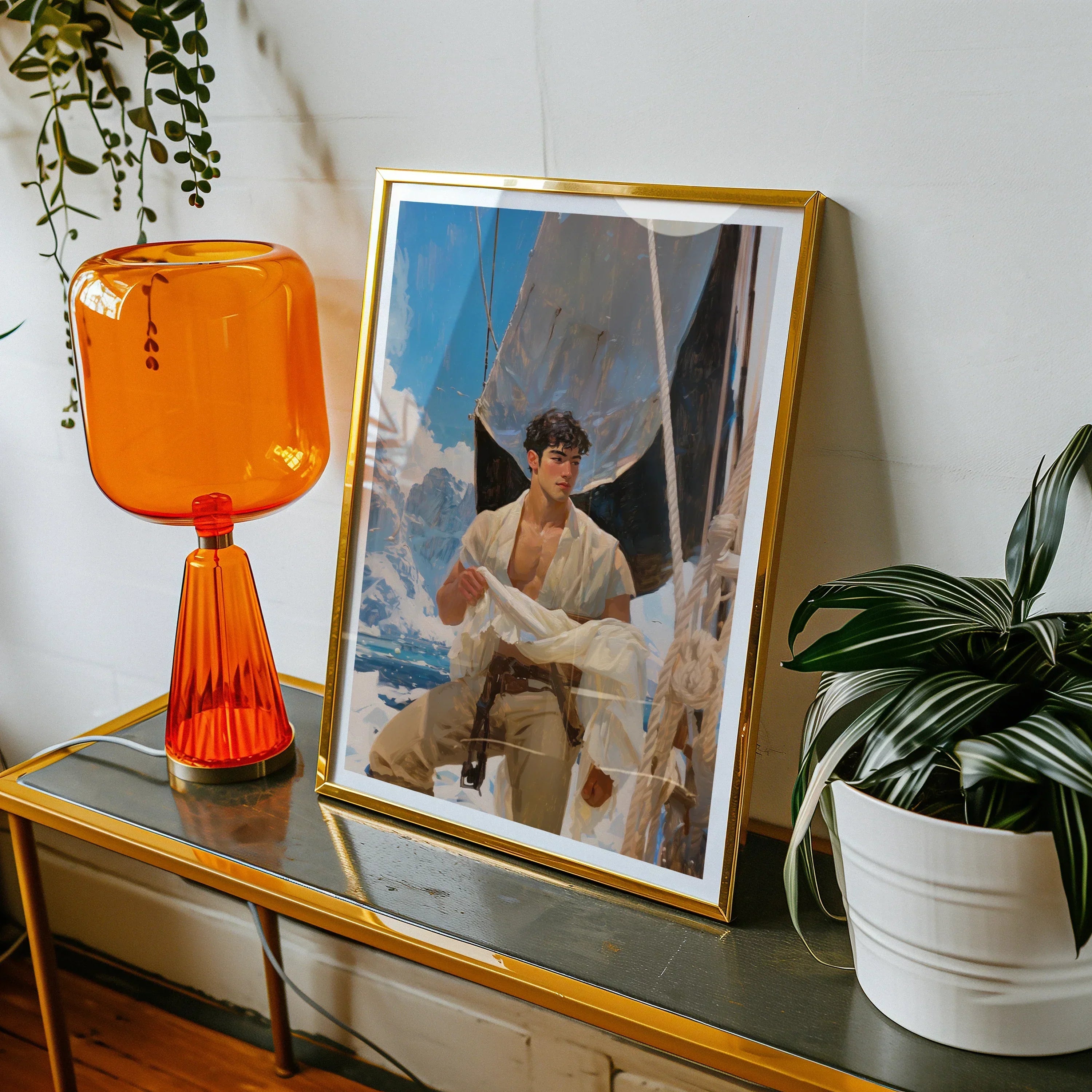 Arctic Circuit Gay Naval Explorer Art Print, 18x24’’ / 46x61cm / Unframed, Framed Vintage Style Photograph Console Table Alongside Orange