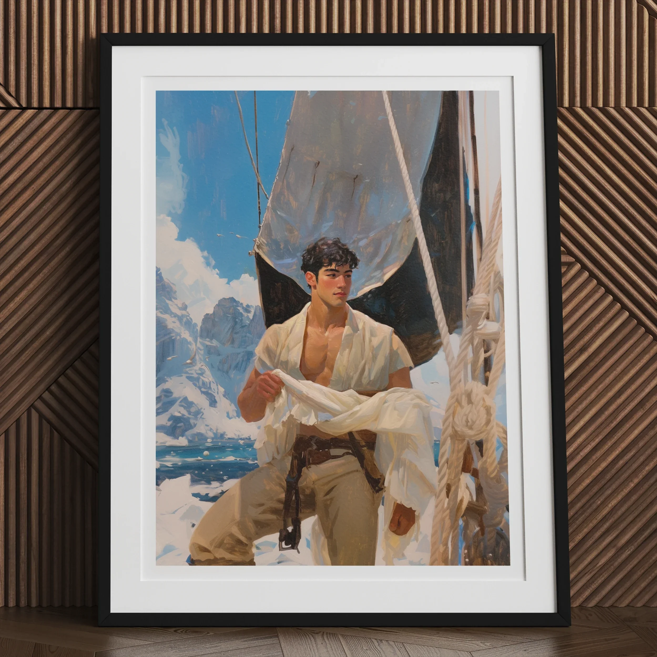 Arctic Circuit - Gay Naval Explorer Art Print, 24x32’’ / 61x81cm / Unframed, Framed Painting Young Man White Clothing Sailboat
