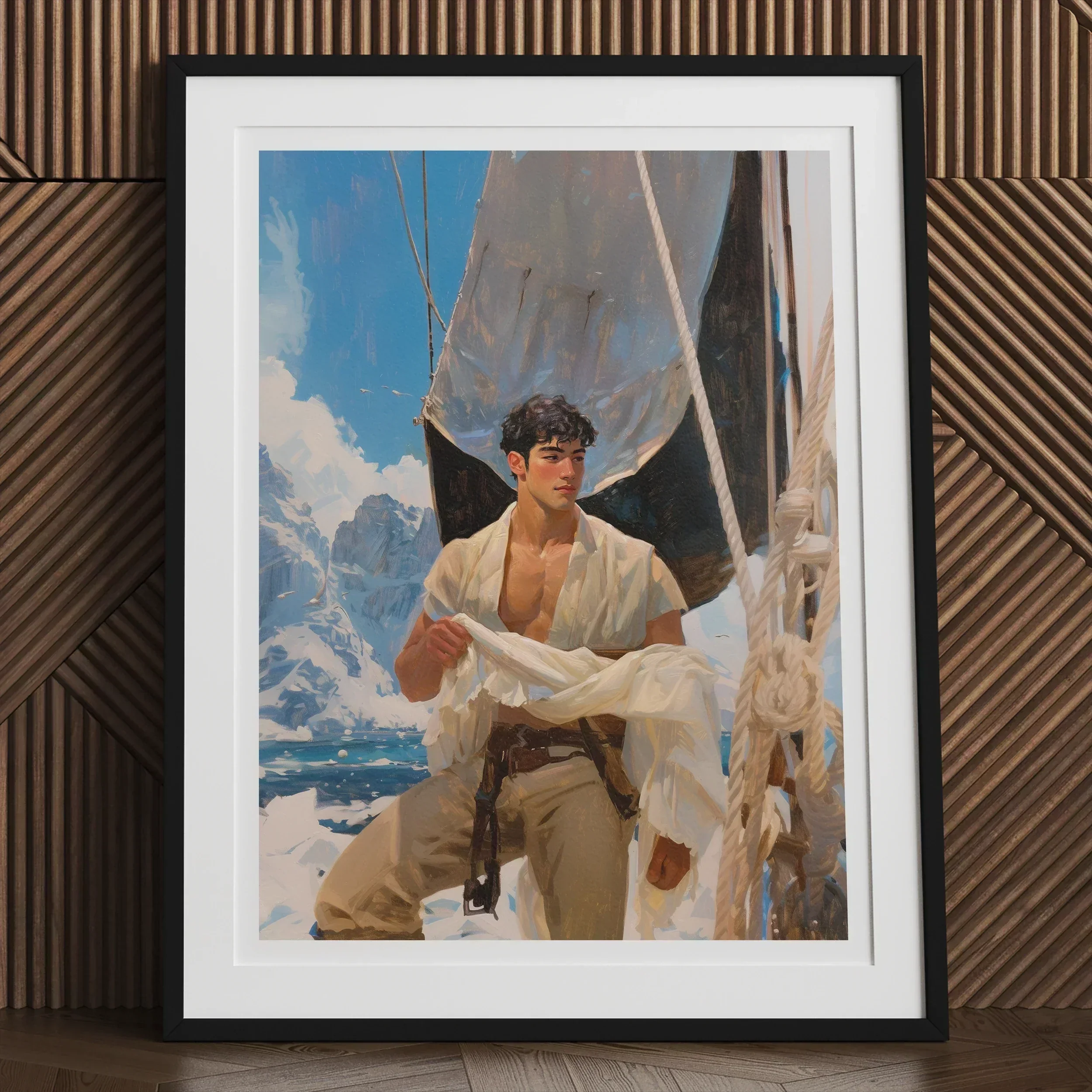 Arctic Circuit Gay Naval Explorer Art Print, 24x32’’ / 61x81cm / Unframed, Framed Painting Young Man White Clothing Sailboat