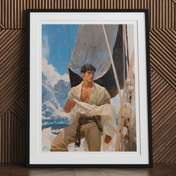 Arctic Circuit - Gay Naval Explorer Art Print, 24x32’’ / 61x81cm / Unframed, Framed Painting Young Man White Clothing Sailboat