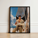 Framed Painting Young Man White Attire Sailboat Backdrop Icy Grandeur Meets Sun-kissed Adventure, Gay Naval Explorer, Art Print