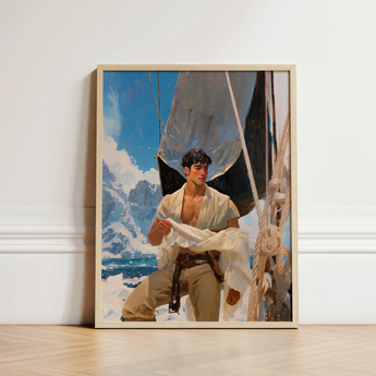 Framed Artwork Young Man White Attire Sailboat Snowy Icy Grandeur Meets Sun-kissed Adventure, Gay Naval Explorer, Art Print