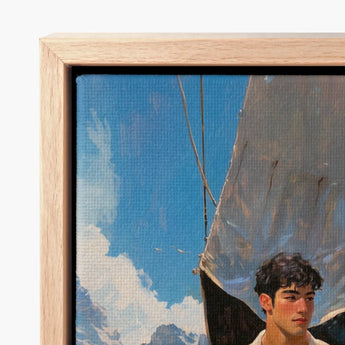 Framed Canvas Painting Young Man Dark Hair Backdrop Icy Grandeur Meets Sun-kissed Adventure, Gay Naval Explorer, Art Print