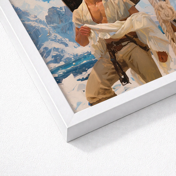 White-framed Artwork Muscular Man Beige Pants Off-white Shirt Icy Grandeur Meets Sun-kissed Adventure, Gay Naval Explorer, Art Print