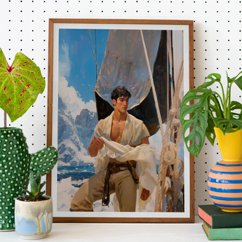 Arctic Circuit - Gay Naval Explorer Art Print, Framed Painting Man Sailboat Cloudy Sky