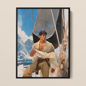 Arctic Circuit - Gay Naval Explorer Framed Canvas, 12x16’’ / 31x41cm / Black Floating Frame, Framed Painting Handsome Sailor