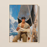 Arctic Circuit - Gay Naval Explorer Framed Canvas, 12x16’’ / 31x41cm / Natural Floating Frame, Framed Oil Painting Shirtless Man Boat Snowy