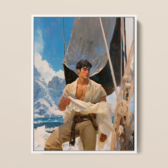 Arctic Circuit - Gay Naval Explorer Framed Canvas, 12x16’’ / 31x41cm / White Floating Frame, Framed Oil Painting Shirtless Man Boat Snowy