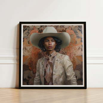 Framed Portrait Person Wide-brimmed White Hat Ornate Beige Gay Tamil Cowboy, Dapper Queer, Dandy